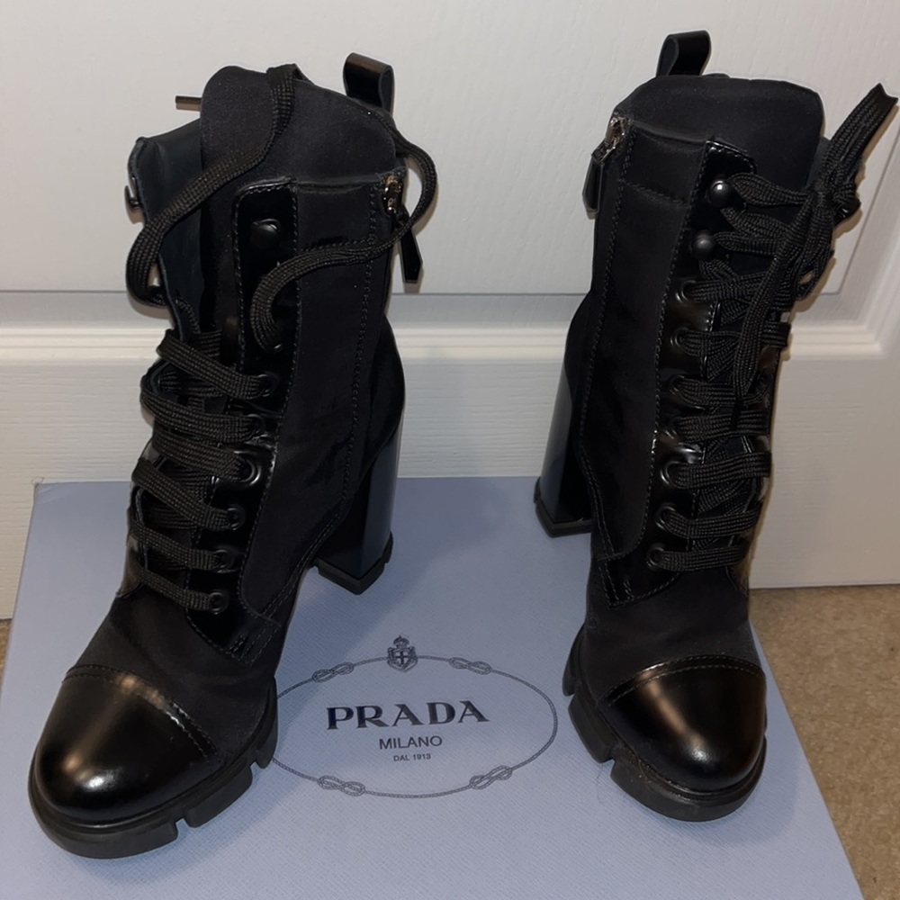 Prada Black Leather Lace-Up Platform Ankle Boots - Picture 3 of 9